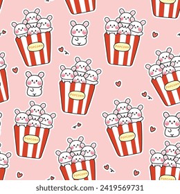 Seamless pattern of cute rabbit popcorn with heart on pink background.Rodent animal character cartoon design.Cinema.Movie.Snack.Kawaii.Vector.Illustration.