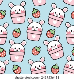 Seamless pattern of cute rabbit in pot with strawberry  on blue background.Rodent animal character cartoon design.Bunny.Fruit.Kawaii.Vector.Illustration.