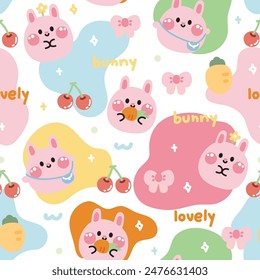 Seamless pattern of cute rabbit round shape background.Bunny.Cherry,carrot,bow.Rodent animal character cartoon.Image for card,t shirt print screen,baby clothing.Kawaii.Vector.Illustration