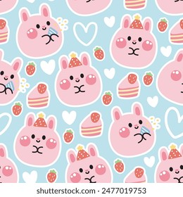 Seamless pattern of cute rabbit round shape with cake strawberry background.Bunny.Easter.Rodent animal character cartoon.Image for card,t shirt print screen,baby clothing.Kawaii.Vector.Illustration