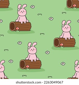 Motif harmonieux de joli lapin assis sur fond gazon en bois.Dessin dessiné à l'effigie d'un animal sauvage.Fleur.Nature.Pâques.Kawaii.Image vectorielle.Illustration.