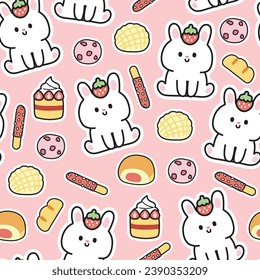 Seamless pattern of cute rabbit sit with bakery icon on pink background.Rodent animal character cartoon design.Strawberry,cookies,bread,cake hand drawn.Kawaii.Vector.Illustration.