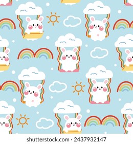 Seamless pattern of cute rabbit sit on swing with cloud and sun on sky background.Rodent animal character cartoon design.Eater.Bunny hand drawn.Clothing print screen.Kawaii.Vector.Illlustration.