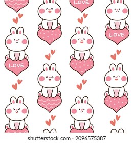 Seamless pattern of cute rabbit sitting on heart shape balloon cartoon.Animal character design.Image for apparel,fabric,textile,decoration,wrapping paper gift.Valentine's day.Vector.Illustration.