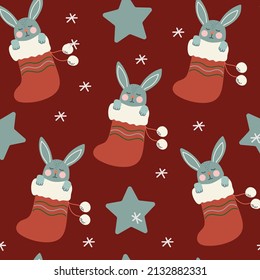 Patrón sin foco El conejo Cute duerme en un calcetín de Navidad. Diseño vectorial dibujado a mano de vacaciones.
