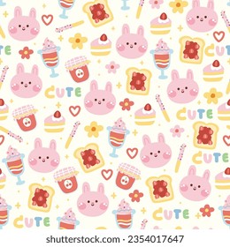 Patrón inmaculado de una linda sonrisa de conejo con un ícono diminuto en el concepto de panadería en un fondo pastel. Granja y animal de compañía. Conejo. Pascua. Dulce y postre. Kawaii.Vector.Ilustración.