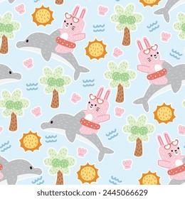 Seamless pattern of cute rabbit soft hair on dolphin in summer concept.Coconut tree,sun,shell hand drawn.Ocean.Beach.Sea.Marine.Kawaii.Vector.Illustration.