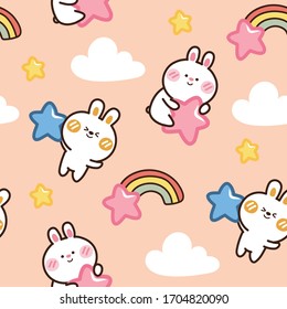 Seamless pattern cute rabbit with star hand drawn background.Cartoon animal character design.Kawaii bunny doodle style.Can be use for card,poster,banner,T-shirt.Sky.Cloud.Rainbow.Vector.Illustration.