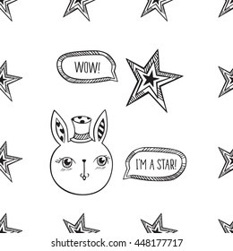 Seamless pattern with cute rabbit and stars. Wrapping paper, cloth. Sketch, doodles, design elements. Hand drawing. Vector.