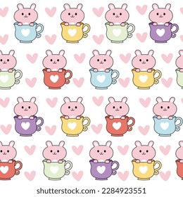Seamless pattern of cute rabbit stay in colorful cup with heart on white background.Pet animal character cartoon design.Bunny.Easter day.Baby clothing.Kawaii.Vector.Illustration.
