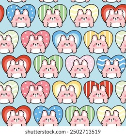 Seamless pattern of cute rabbit stay in heart frame background.Valentines day.Love.Bunny.Easter.Animal character cartoon design.Kawaii.Vector.Illustration.
