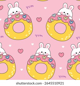 Seamless pattern of cute rabbit stay on heart candy strawberry flavor donut background.Sweet and dessert.Bakery.Rodent animal character cartoon design.Kawaii.Vector.Illustration.