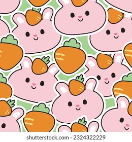 Seamless pattern of cute rabbit sticker with carrot on green background.Pet animal character design.Easter day.Kawaii.Vcor.Illustration.