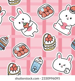 Patrón sin inconvenientes de una pegatina de conejo tierno con un icono de panadería sobre fondo rosado.Diseño de personaje animal de mascota.Pastel de torta, fresa, mano de bebida.Kawaii.Kawaii.Vector.Ilustración.