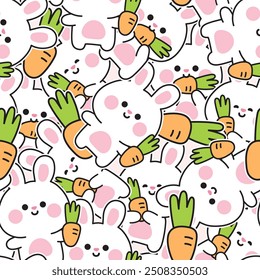 Seamless pattern of cute rabbit sticker with carrot in various poses background.Easter.Bunny.Rodent animal character cartoon design.Kawaii.Vector.Illustration.