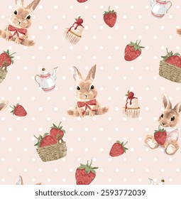 seamless pattern of cute rabbit and strawberries on polka dot vector illustration created by hand drawn without AI in the process