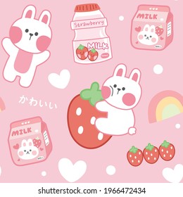 Seamless pattern of cute rabbit with strawberry milk cartoon on pink background.Image.Art.Kid graphic.Paper.Wallpaper.Kawaii.Vector.Illustration.