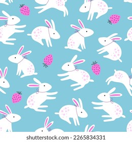 Seamless pattern with cute rabbit with strawberry on a blue color background. Creative spring kids texture for fabric wrapping textile wallpaper apparel. Vector illustration