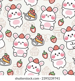 Seamless pattern of cute rabbit with strawberry cake background.Rodent animal character cartoon design.Bunny.Sweet,dessert,bakery.Kawaii.Vector.Illustration.Illustrator.