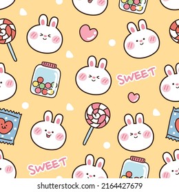 Seamless pattern of cute rabbit with sweet.Animal cartoon.Kawaii.Image for card,sticker,wallpaper,banner.Vector.Illustration.