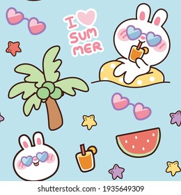Seamless pattern of cute rabbit in swimming ring on blue background.Summer concept.Sun glasses,watermelon,coconut tree hand drawn.Animals character design.Holiday.Wallpaper.Vector.Illustration.