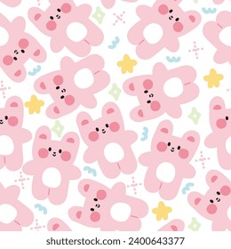 Seamless pattern of cute rabbit with tiny icon on white background.Rodent animal character cartoon design.Image for card,poster,baby clothing.Kawaii.Pastel.Vector.Illustration.