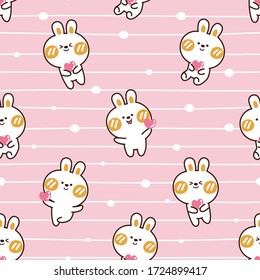 Seamless pattern of cute rabbit in various poses on pink background.Cartoon animal design.Kwaii.Wallpaper.Vector.Illustration.