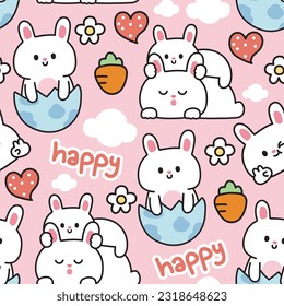 Seamless pattern of cute rabbit in various poses cartoon on pink background.Carrot,flower,heart hand drawn.Baby clothing.Kawaii.Vector.Illustration.