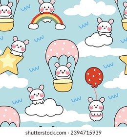 Seamless pattern of cute rabbit various poses on sky backgorund.Balloon.Cloud.Rainbow.Star.Rodent animal character.Bunny hand drawn.Easter.Kawaii.Vector.Illustration.