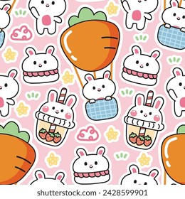 Seamless pattern of cute rabbit in various character cartoon background.Bunny stay on carrot balloon.Bubble milk tea.Macaron.Cloud,star,grass hand drawn.Easter.Kawaii.Vector.Illustration.