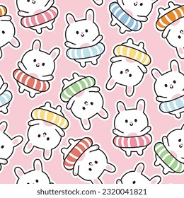 Seamless pattern of cute rabbit wear swimming ring on pink background.Summer.Animal character cartoon design.Kawaii.Vector.Illustration.