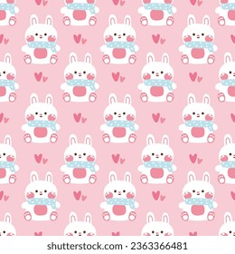 Seamless pattern of cute rabbit wear scarf with tiny heart icon on pink background.Bunny character cartoon design.Pet animal.Baby clothing.Kawaii.Vector.Illustration.