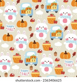 Seamless pattern of cute rabbit wear scarf with icon in autumn and fall concept.Bunny hand drawn.Pumpkin,acorn,mushroom,cloud.Baby clothing.Kawaii.Vector.Illustration.