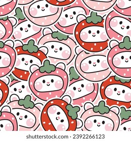 Seamless pattern of cute rabbit wear strawberry shape hat sticker background.Rodent animal character cartoon design.Bunny hand drawn.Image for card,poster,baby clothing.Kawaii.Vector.Illustration.