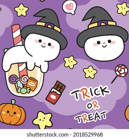 Seamless pattern of cute rabbit witch on purple background.Holloween concept.Image for wallpaper,banner,card.Kid graphic.Animal character design.Vector.Illustration.Ilustrator.