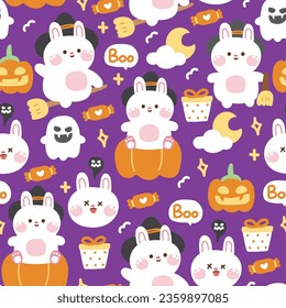 Seamless pattern of cute rabbit witch on purple background.Halloween festival concept.Bunny character cartoon design.Pet animal.Ghost,pumpkin,candy,moon hand drawn.Kawaii.Vector.Illustration.