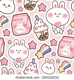 Seamless pattern of cute rabbit,milk,bubble tea,rainbow,star cartoon on pink background.Animal character design.Repeat.Kawaii.Sweet.Pastel.Image for baby cloth,sticker,card.Vector.Illustration.