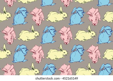 Seamless pattern of the cute rabbits. 