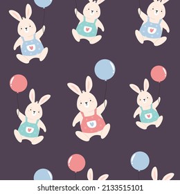 Seamless pattern with cute rabbits and air balloons. Vector illustration for prints, fabrics, wallpapers.
