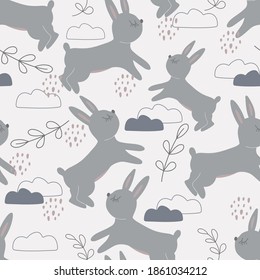 Patrón sin foco con conejos lindos entre las nubes. Papel pintado decorativo para el vivero al estilo escandinavo. Vector. Adecuado para prendas de vestir para niños, diseño interior, embalaje, impresión.