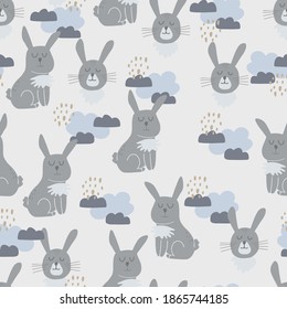Seamless pattern with cute rabbits among the clouds. Decorative wallpaper for the nursery in the Scandinavian style. Vector. Suitable for children's clothing, interior design, packaging, printing.
