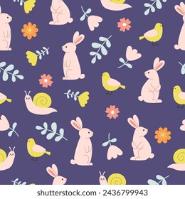 Seamless pattern of cute rabbits, birds, snails and flowers on dark blue background. Template for postcard, card, print, wallpaper. Vector illustration