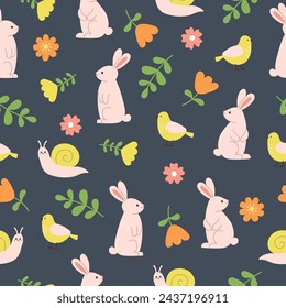 Seamless pattern of cute rabbits, birds, snails and flowers on dark grey background. Template for postcard, card, print, wallpaper. Vector illustration