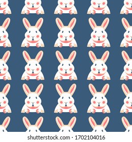 Seamless pattern with cute rabbits and bunnies peeps out of a hole. Happy Easter greeting card. Vector illustration holiday Easter symbol. Vintage Spring design.