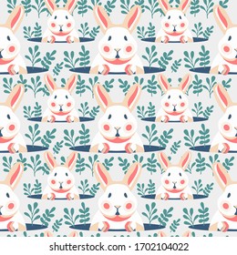 El patrón sin inconvenientes con los conejos lindos y los conejitos pica fuera de un agujero.Feliz tarjeta de felicitación de Pascua. Símbolo vectorial ilustración de Pascua. Diseño de primavera vintage.