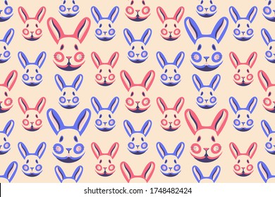 Seamless pattern with cute rabbits and bunnies. Cartoon character isolated on white background. Vector stock illustration, pastel bunny for animated, easter, greeting cards, pattern design.
