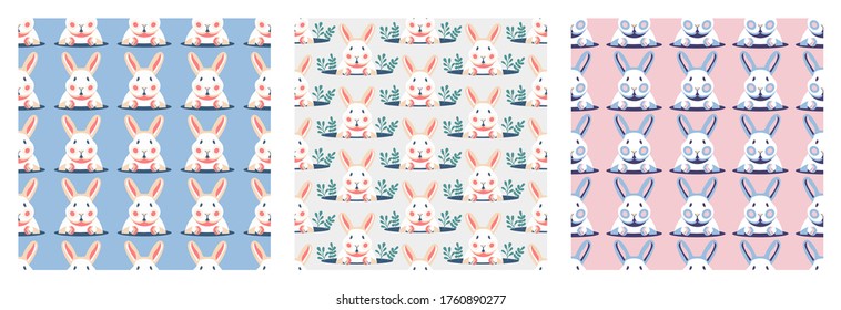 Seamless pattern with cute rabbits and bunnies. Vector stock illustration, pastel bunny for animated, easter, greeting cards, pattern design. Cartoon character isolated on white background.