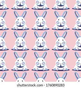 Seamless Pattern With Cute Rabbits And Bunnies. Vector Stock Illustration, Pastel Bunny For Animated, Easter, Greeting Cards, Pattern Design. Cartoon Character Isolated On White Background.