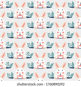 Seamless pattern with cute rabbits and bunnies. Vector stock illustration, pastel bunny for animated, easter, greeting cards, pattern design. Cartoon character isolated on white background.