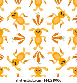 Seamless pattern with cute rabbits and carrots on a white background. Children's pattern for design of fabric, children's clothing, paper, packaging